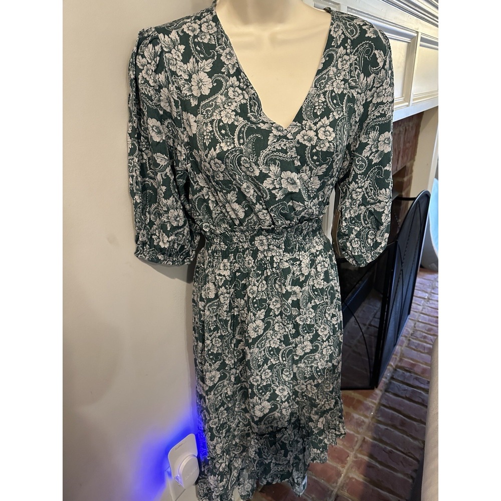 NWT Rokoko Asymmetrical Green White Floral Midi Dress Women's Sz Small